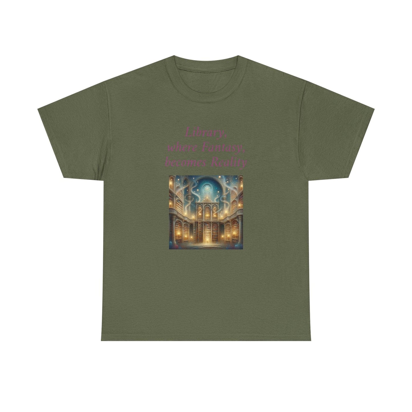 Library, Fantasy, Reality - Graphic Tee - Unisex Heavy Cotton T-Shirt - Book Lovers - The Dreamer's Bookshop.