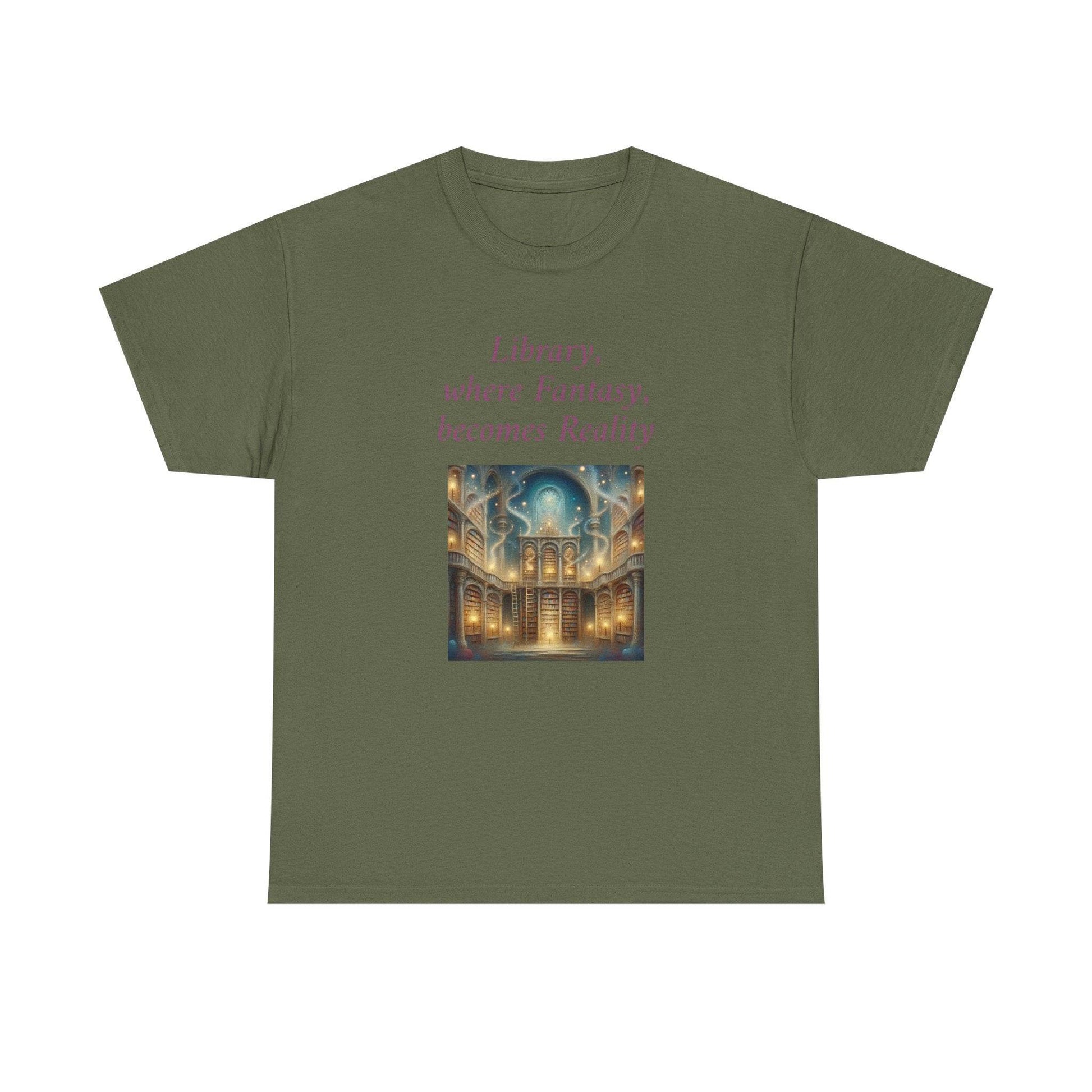 Library, Fantasy, Reality - Graphic Tee - Unisex Heavy Cotton T-Shirt - Book Lovers - The Dreamer's Bookshop.