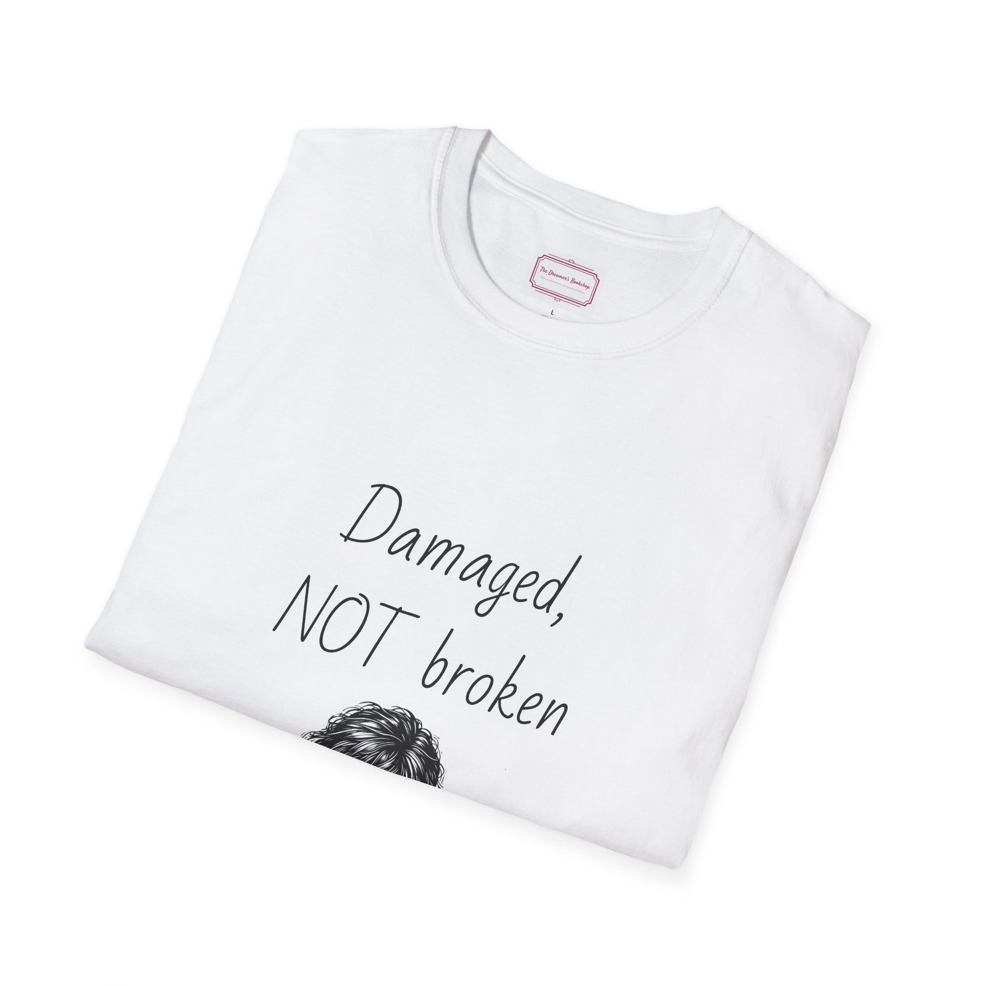 Inspirational Unisex Softstyle T-Shirt - "Damaged, NOT broken" - The Dreamer's Bookshop.