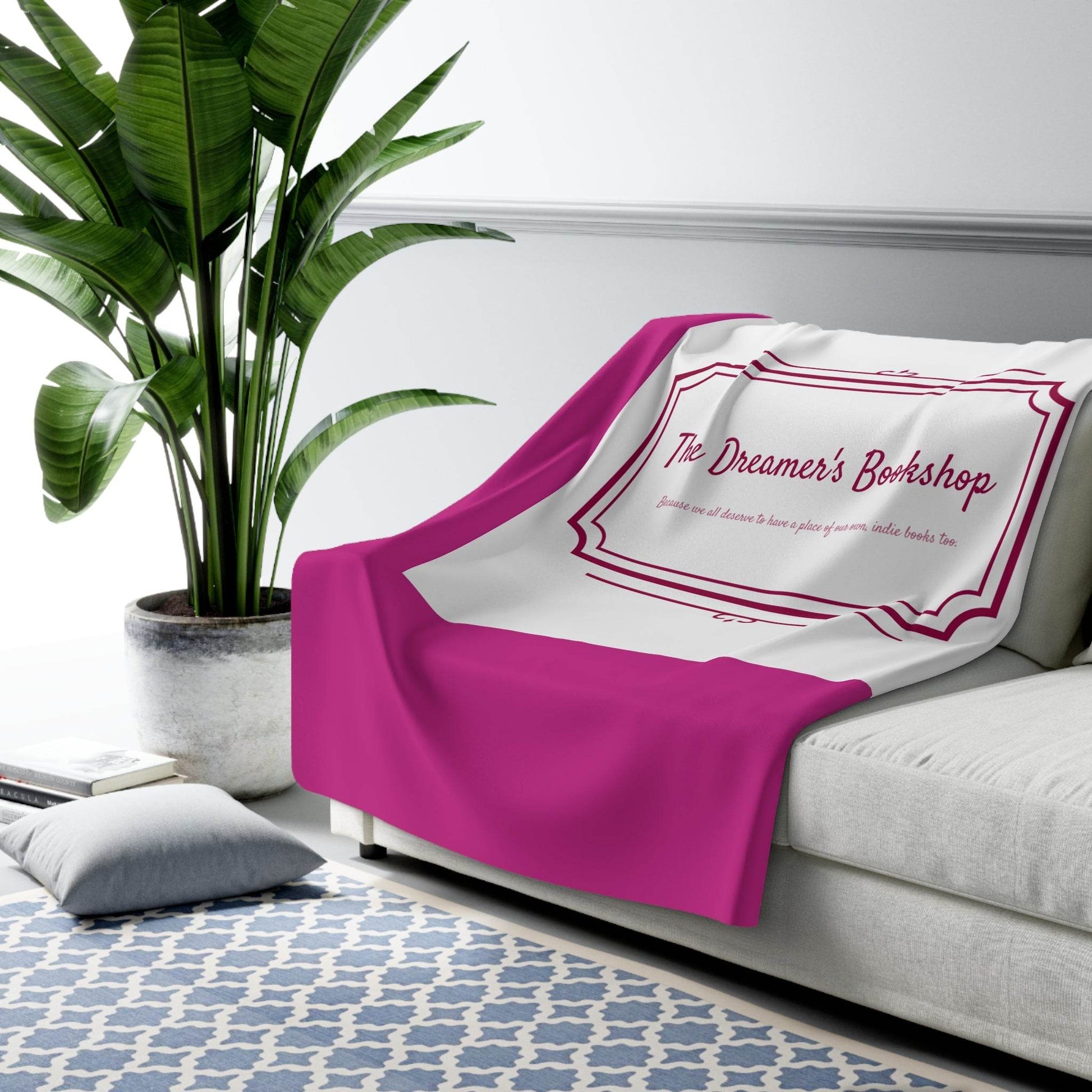 Pink Cozy Sherpa Fleece Blanket - 'The Dreamer's Bookshop' Design - The Dreamer's Bookshop.