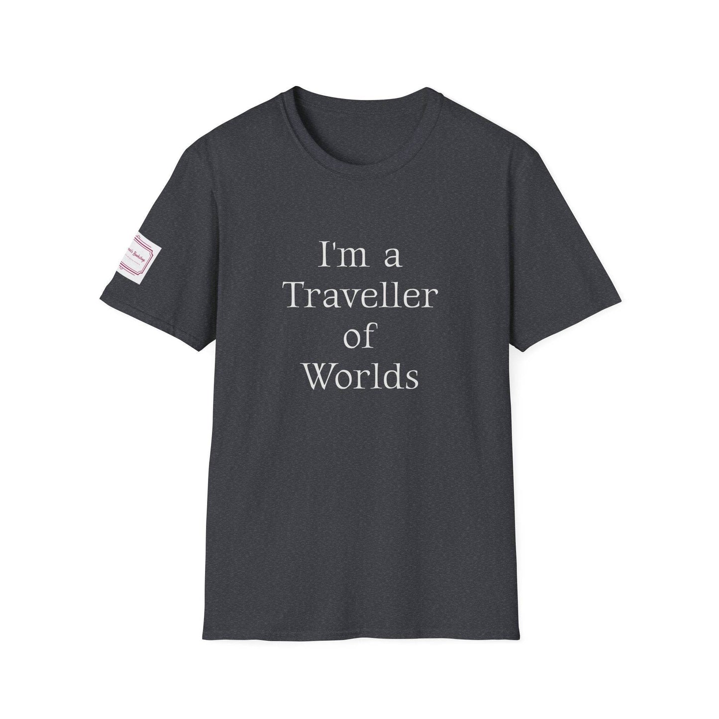 Unisex Softstyle T-Shirt - Traveller of Worlds Design for Book Lovers - The Dreamer's Bookshop.