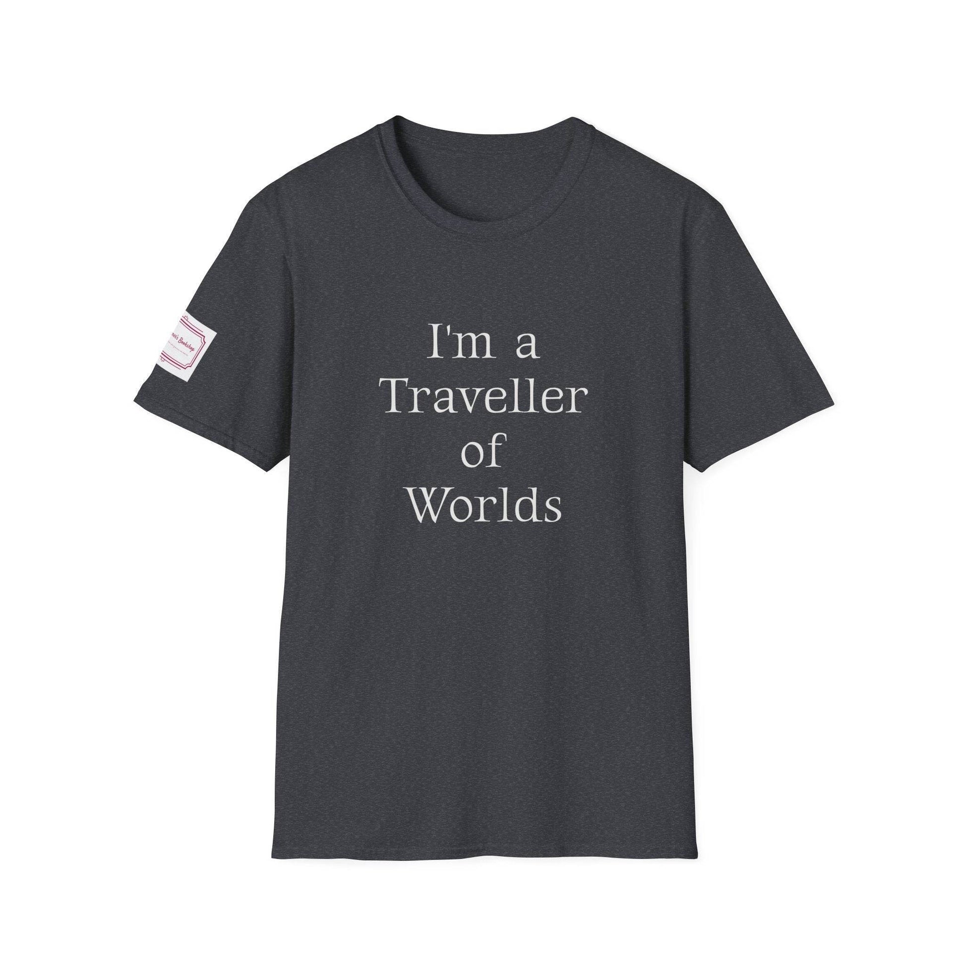 Unisex Softstyle T-Shirt - Traveller of Worlds Design for Book Lovers - The Dreamer's Bookshop.