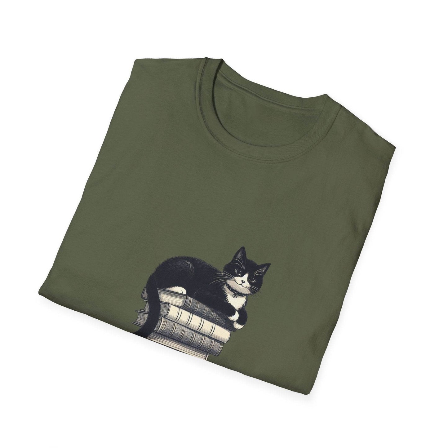 Unisex Softstyle T-Shirt - Vintage Cat Book Stack Bookaddict - The Dreamer's Bookshop.