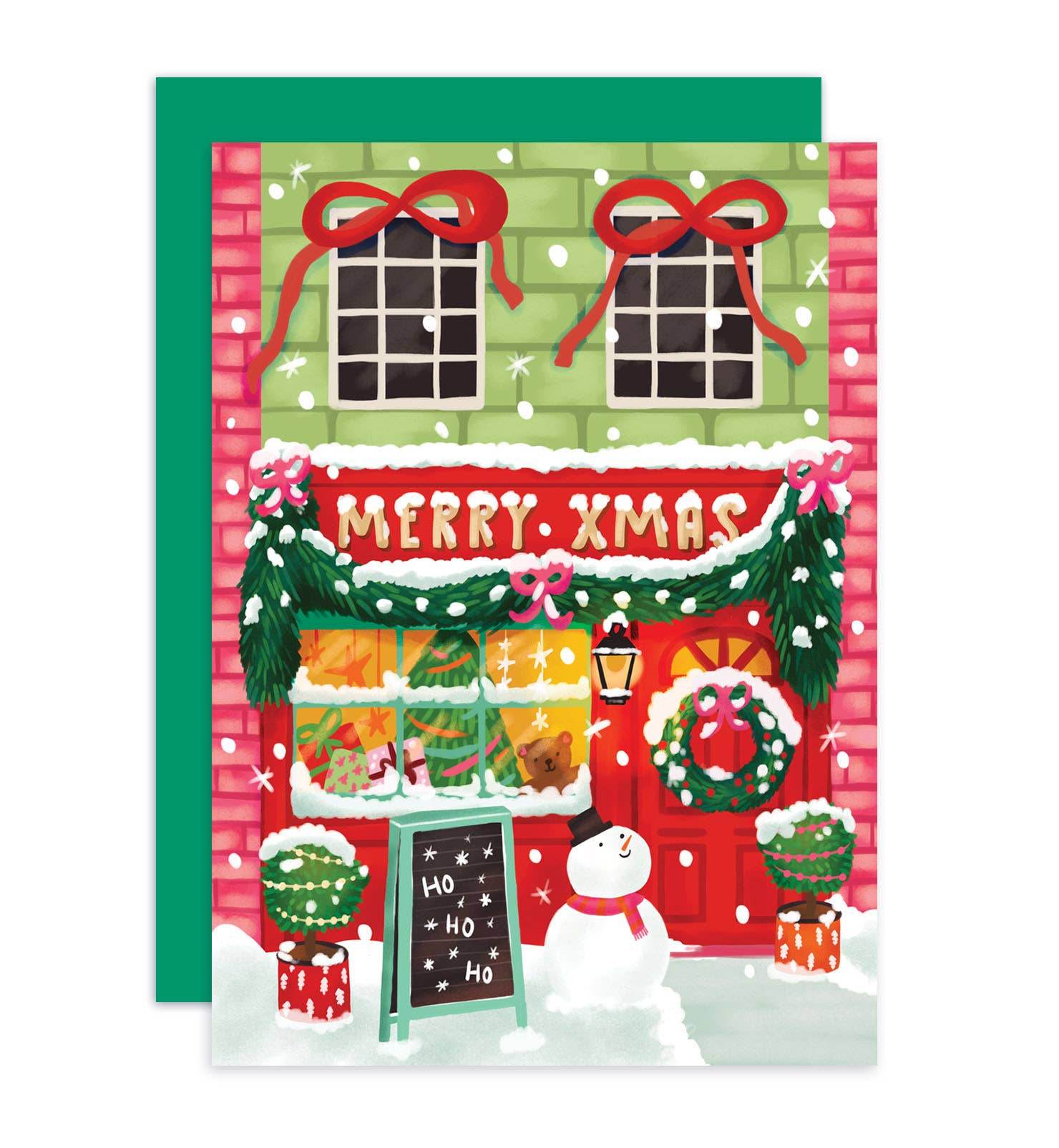 Aniet Illustration - Kerstkaart vrolijke kerst winkel merry Xmas met sneeuwpop - The Dreamer's Bookshop.