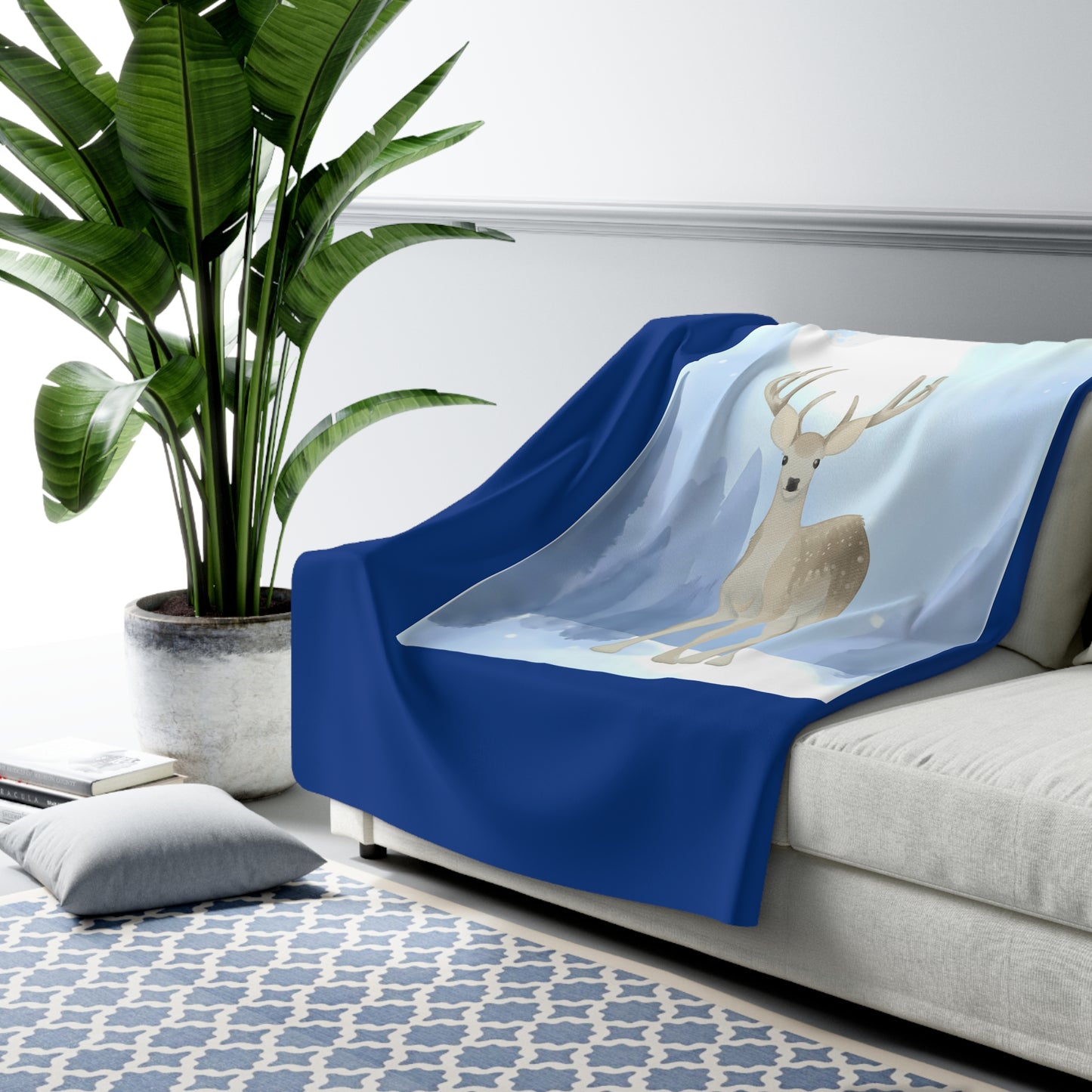 Cozy Sherpa Fleece Blanket - Blue 'Winter Deer' Design