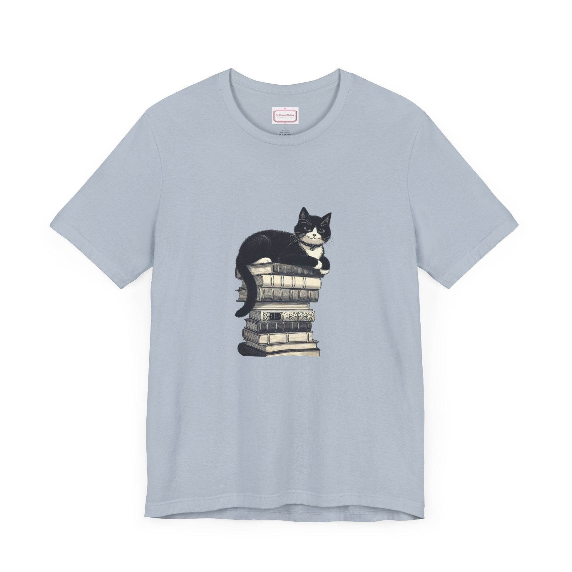 Unisex T-shirt - Vintage Cat Book Stack Booknerds - The Dreamer's Bookshop.