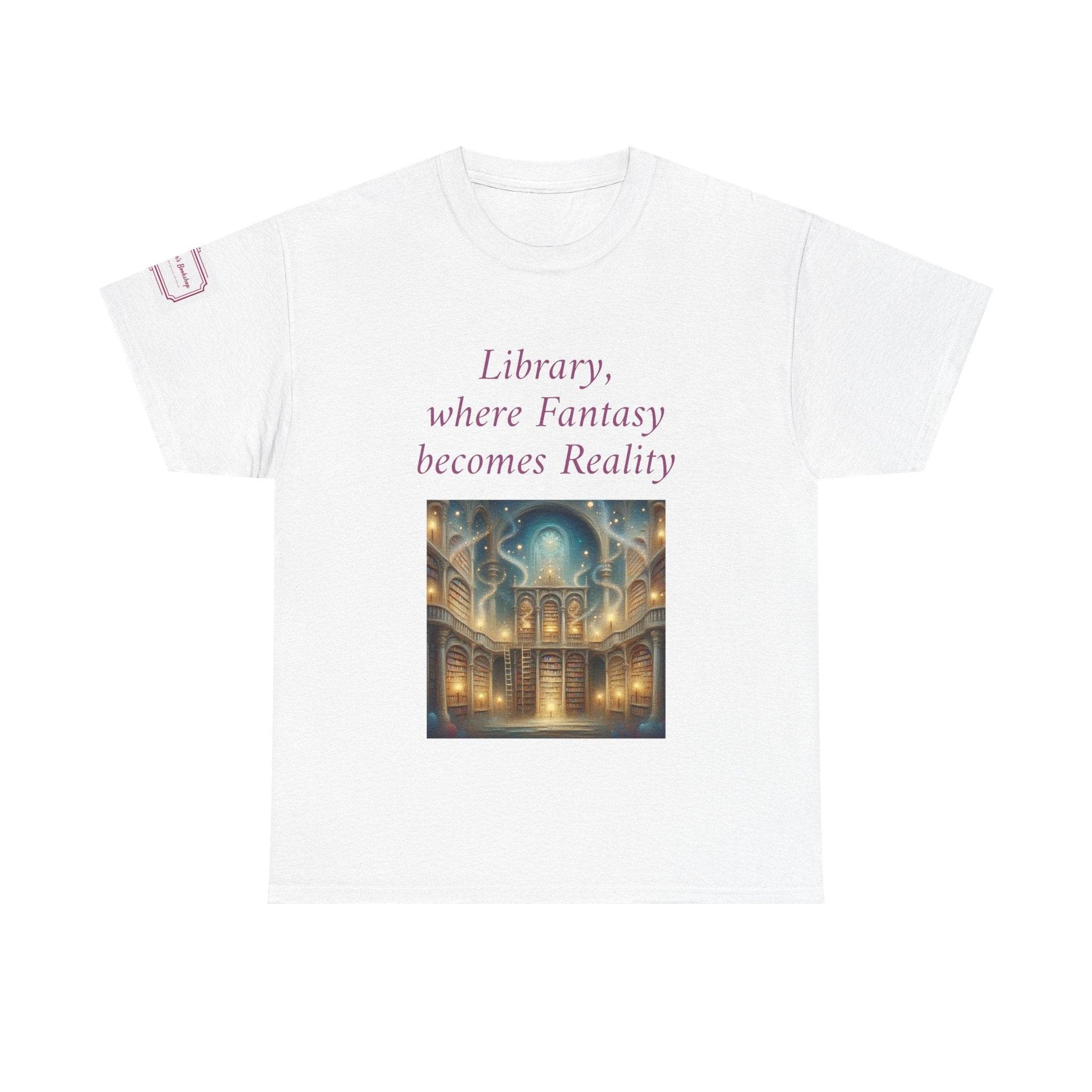 Library, Fantasy, Reality - Unisex Heavy Cotton Tee - Book Lovers - The Dreamer's Bookshop.