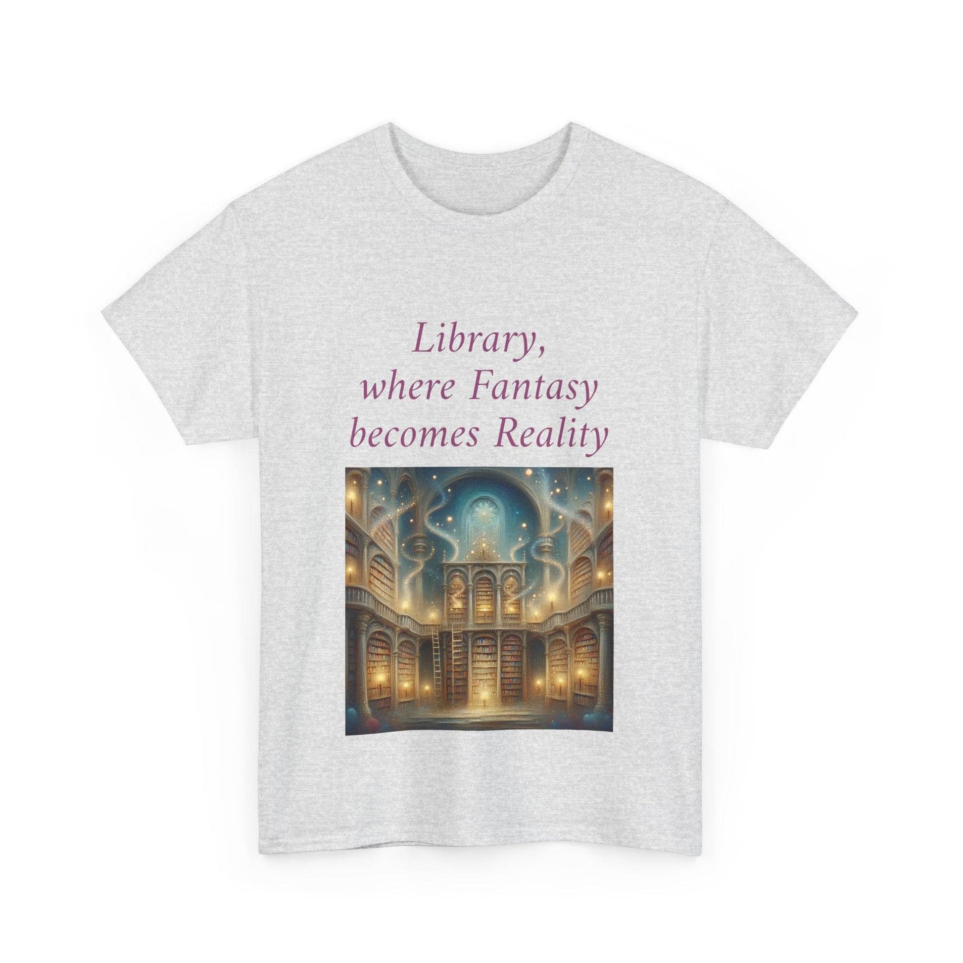 Library, Fantasy, Reality - Unisex Heavy Cotton Tee - Book Lovers - The Dreamer's Bookshop.