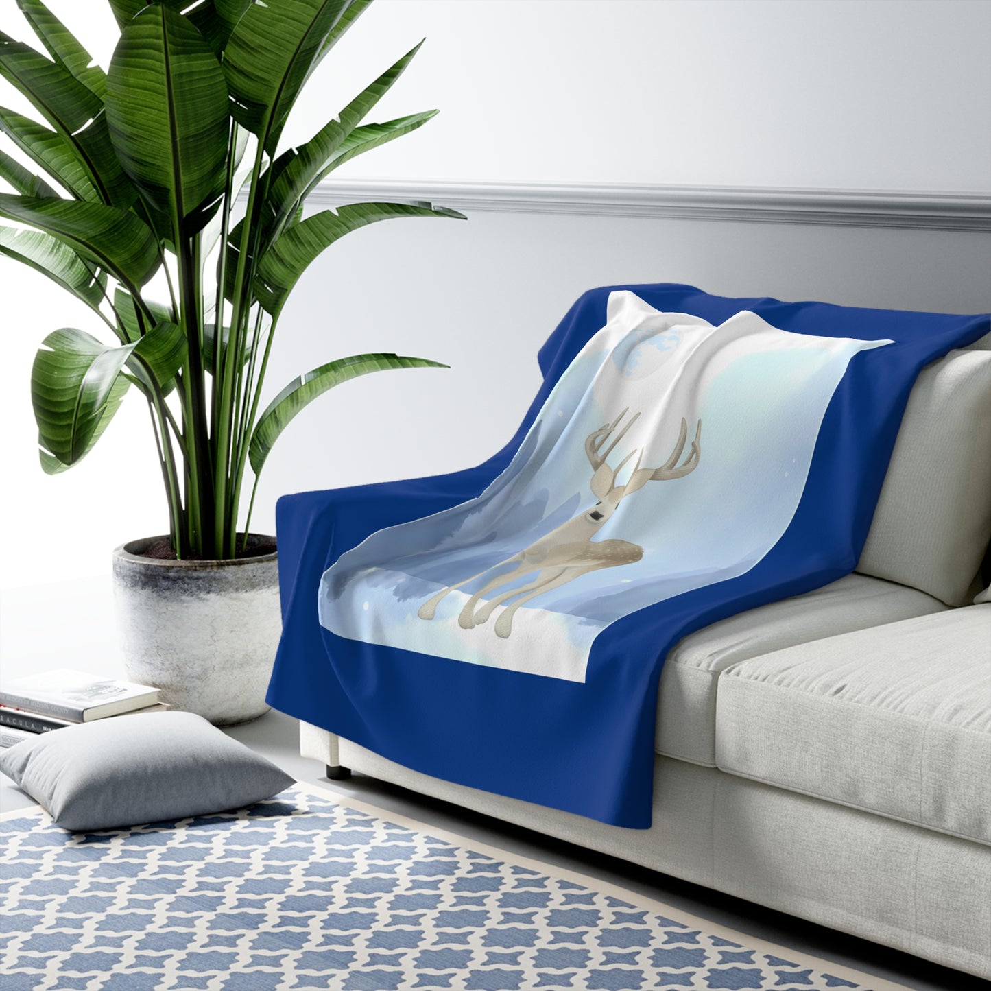 Cozy Sherpa Fleece Blanket - Blue 'Winter Deer' Design