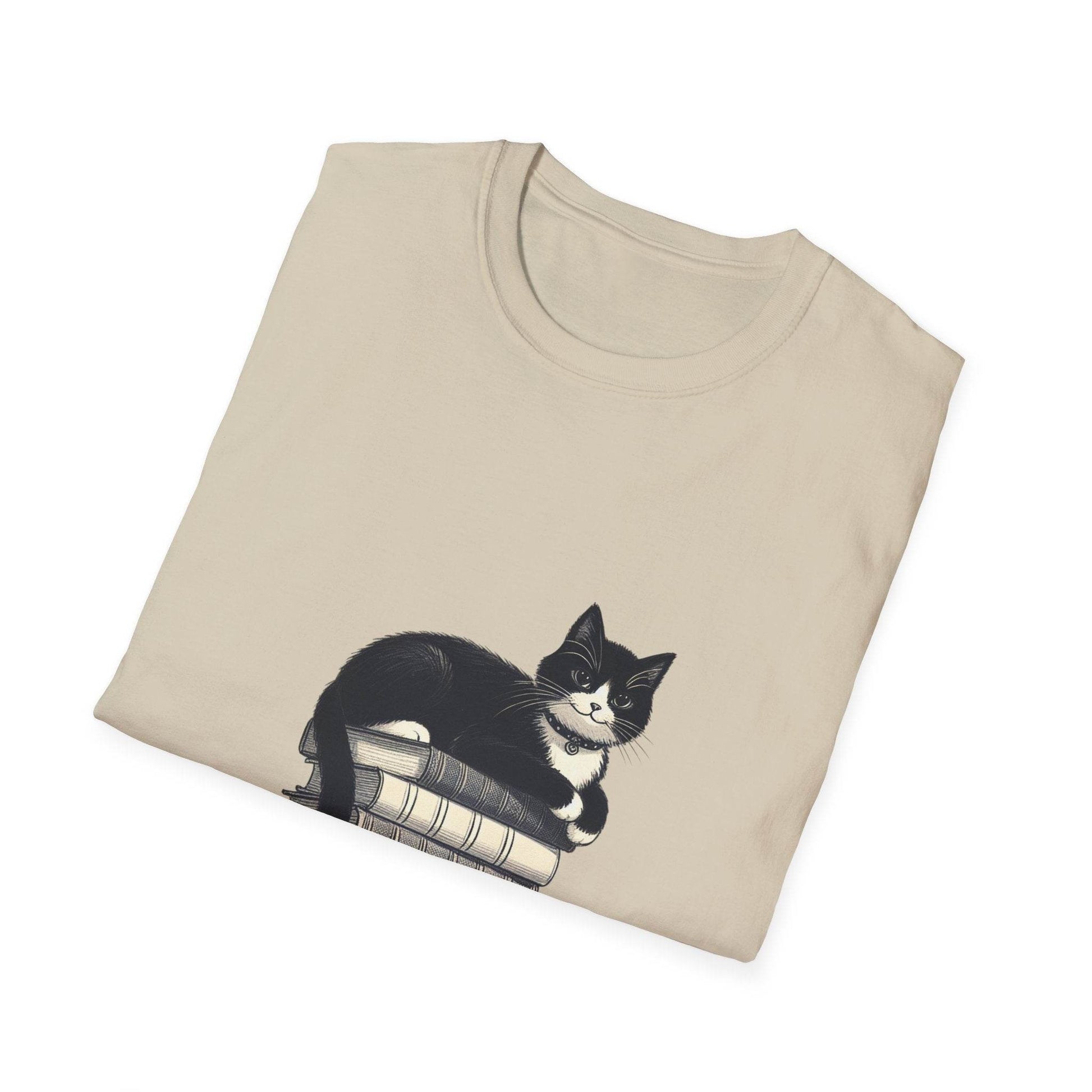 Unisex T-Shirt - Vintage Cat Book Stack for Book Lovers - The Dreamer's Bookshop.