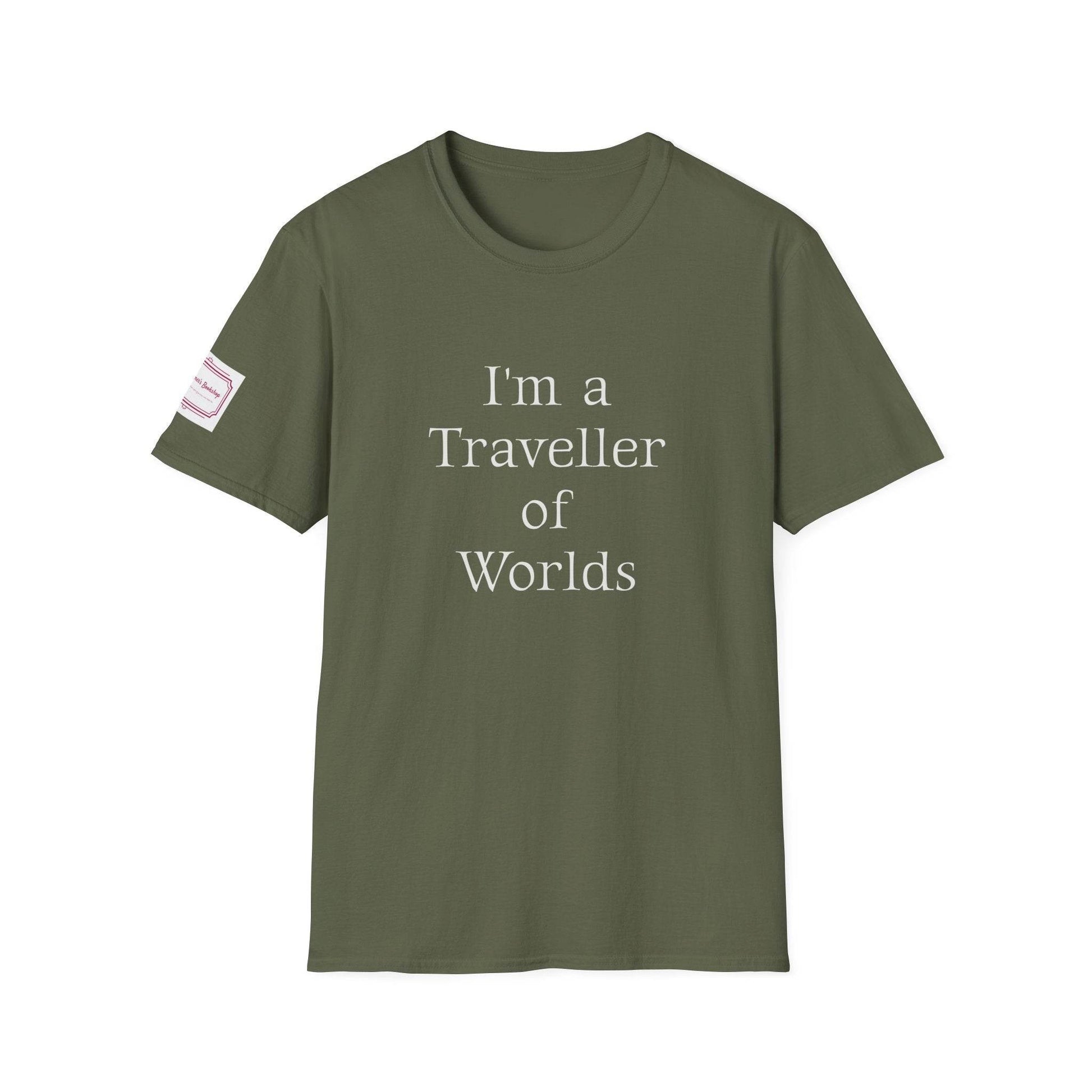 Unisex Softstyle T-Shirt - Traveller of Worlds Design for Book Lovers - The Dreamer's Bookshop.