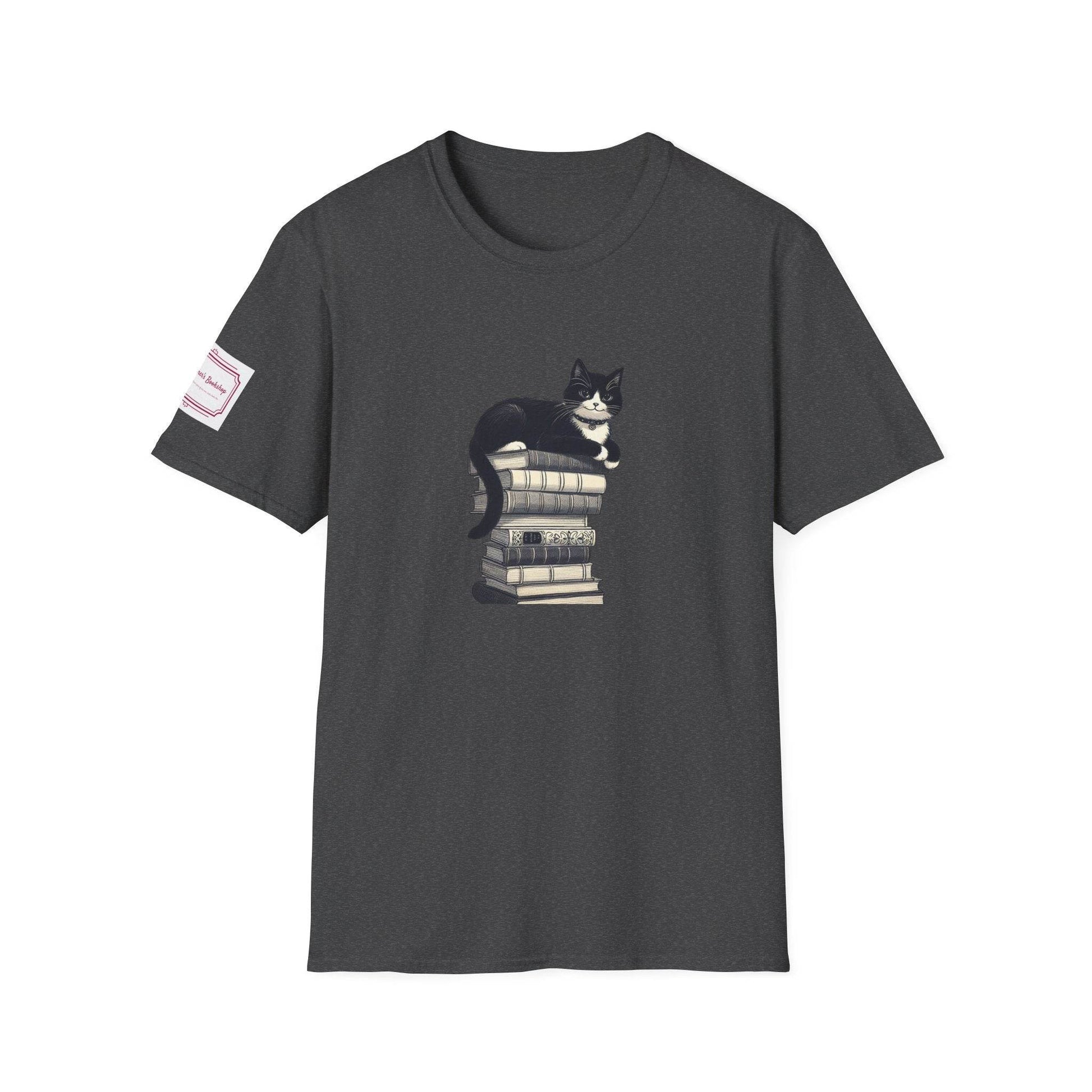 Unisex Softstyle T-Shirt - Vintage Cat Book Stack Bookworm - The Dreamer's Bookshop.