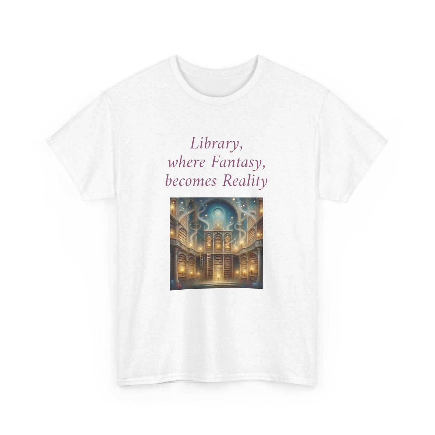 Library, Fantasy, Reality - Graphic Tee - Unisex Heavy Cotton T-Shirt - Book Lovers - The Dreamer's Bookshop.