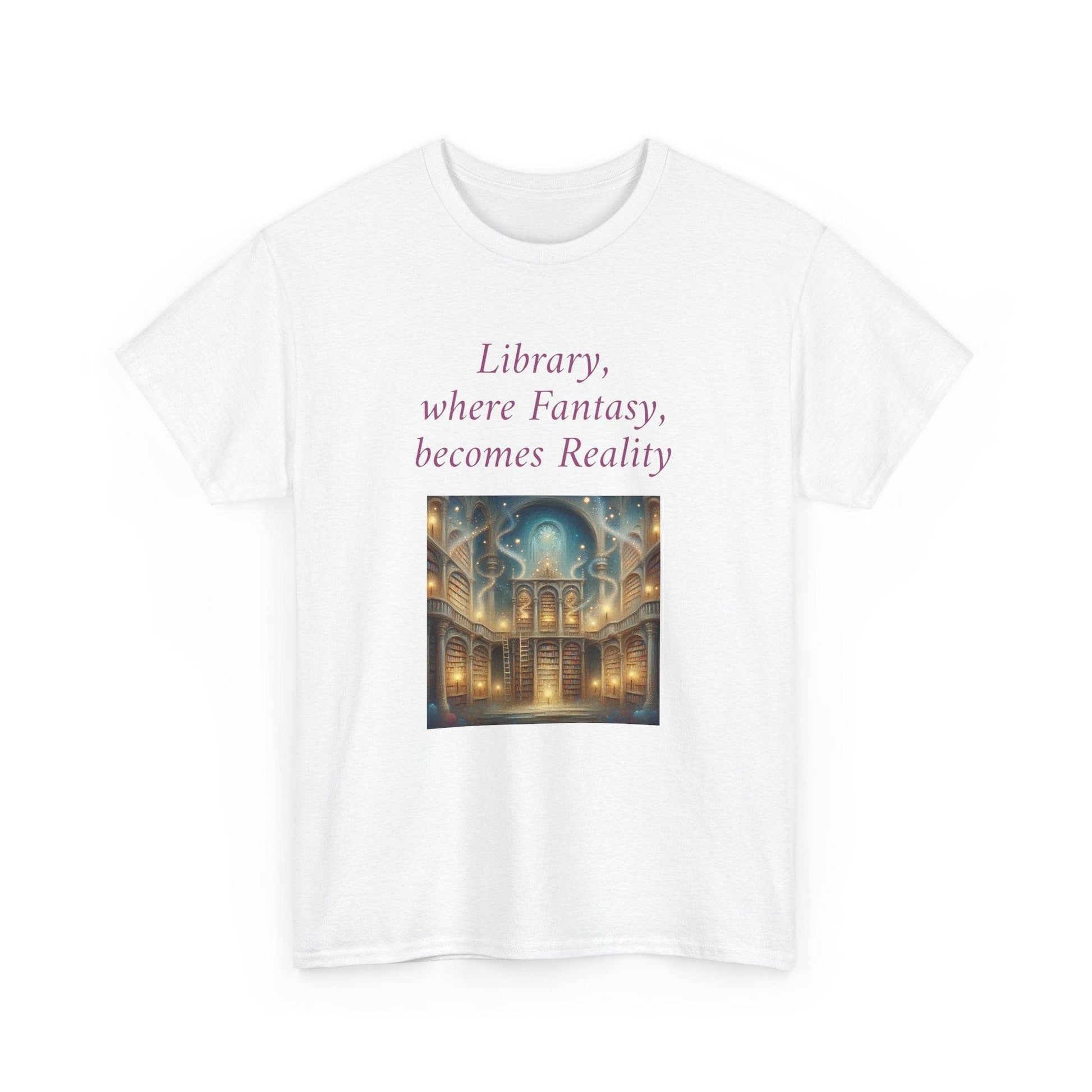 Library, Fantasy, Reality - Graphic Tee - Unisex Heavy Cotton T-Shirt - Book Lovers - The Dreamer's Bookshop.