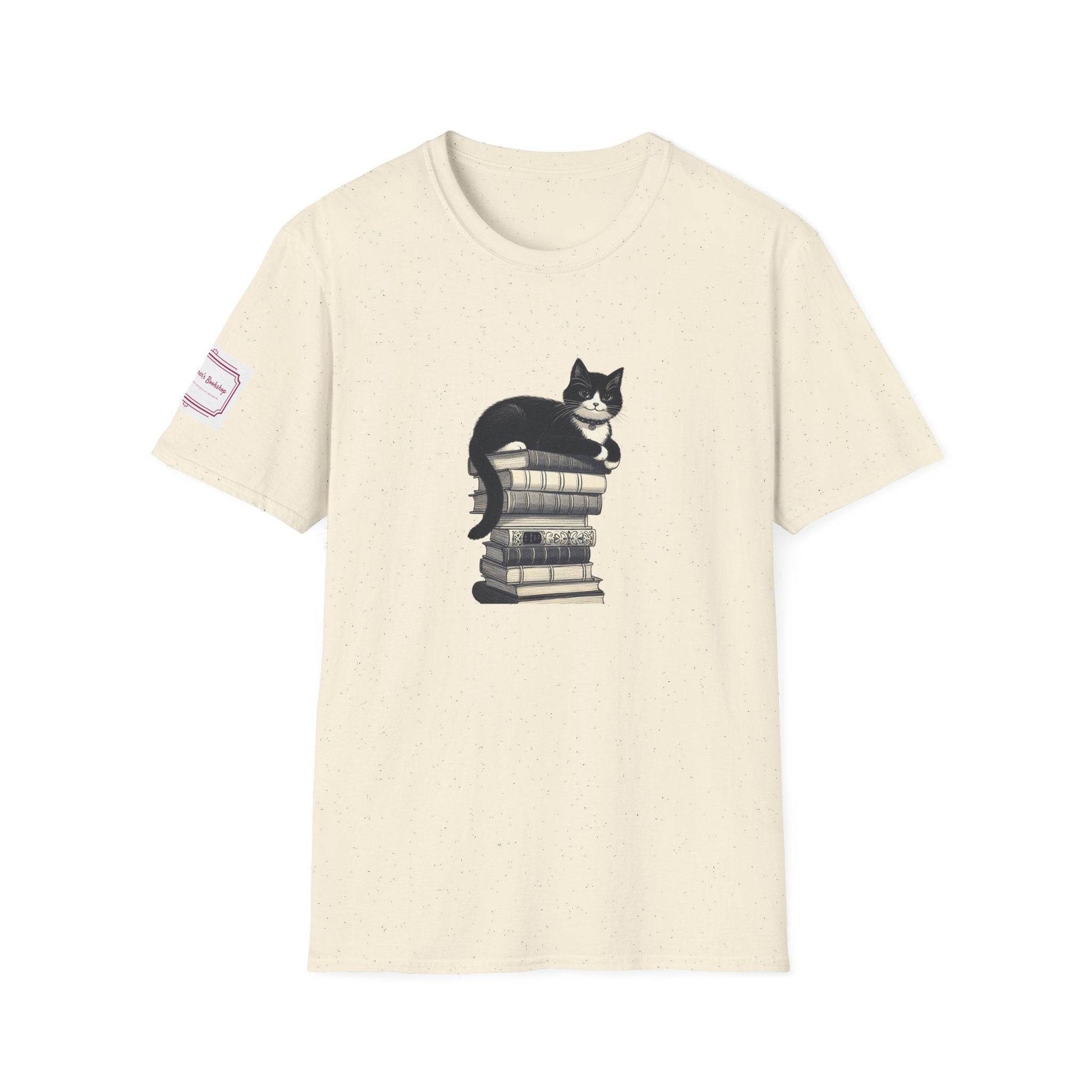 Unisex Softstyle T-Shirt - Vintage Cat Book Stack Bookworm - The Dreamer's Bookshop.