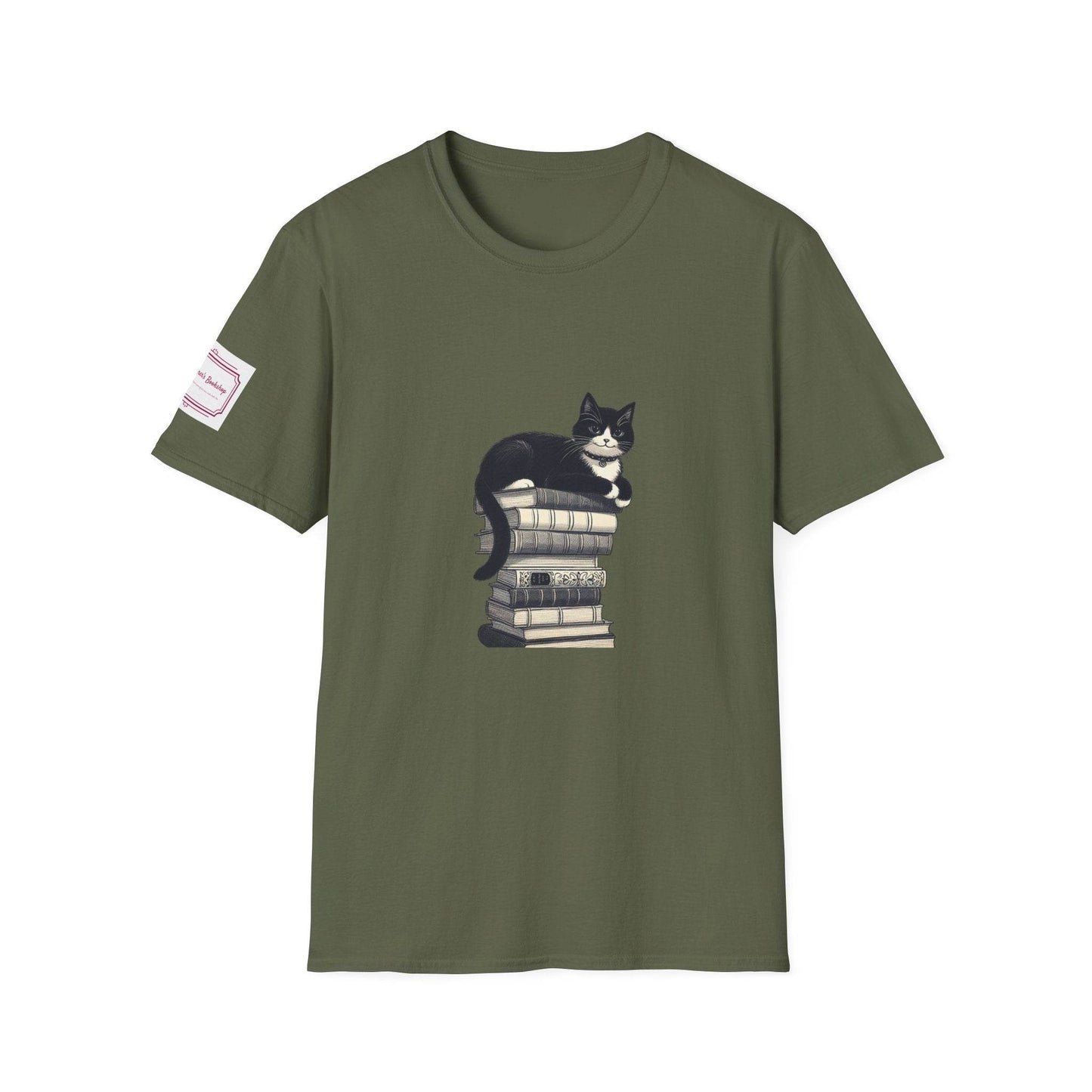 Unisex Softstyle T-Shirt - Vintage Cat Book Stack Bookaddict - The Dreamer's Bookshop.