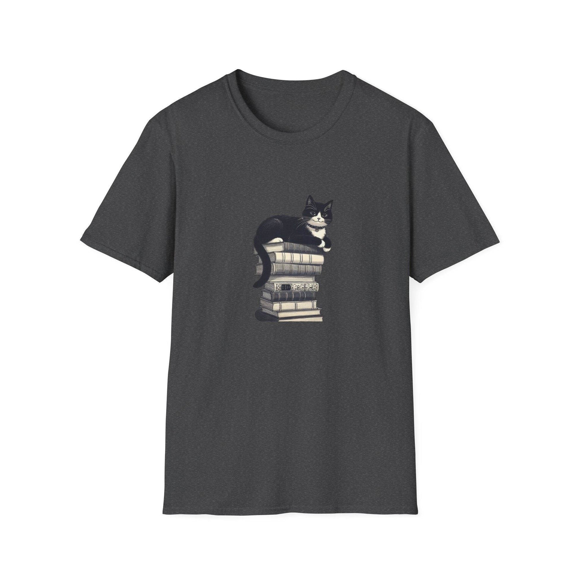 Unisex Softstyle T-Shirt - Vintage Cat Book Stack Booklover - The Dreamer's Bookshop.