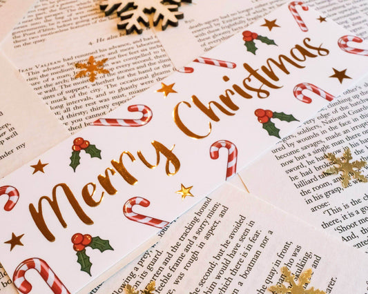 Basically Britt - Gold Foil Christmas Bookmark with Festive Doodles - The Dreamer's Bookshop.