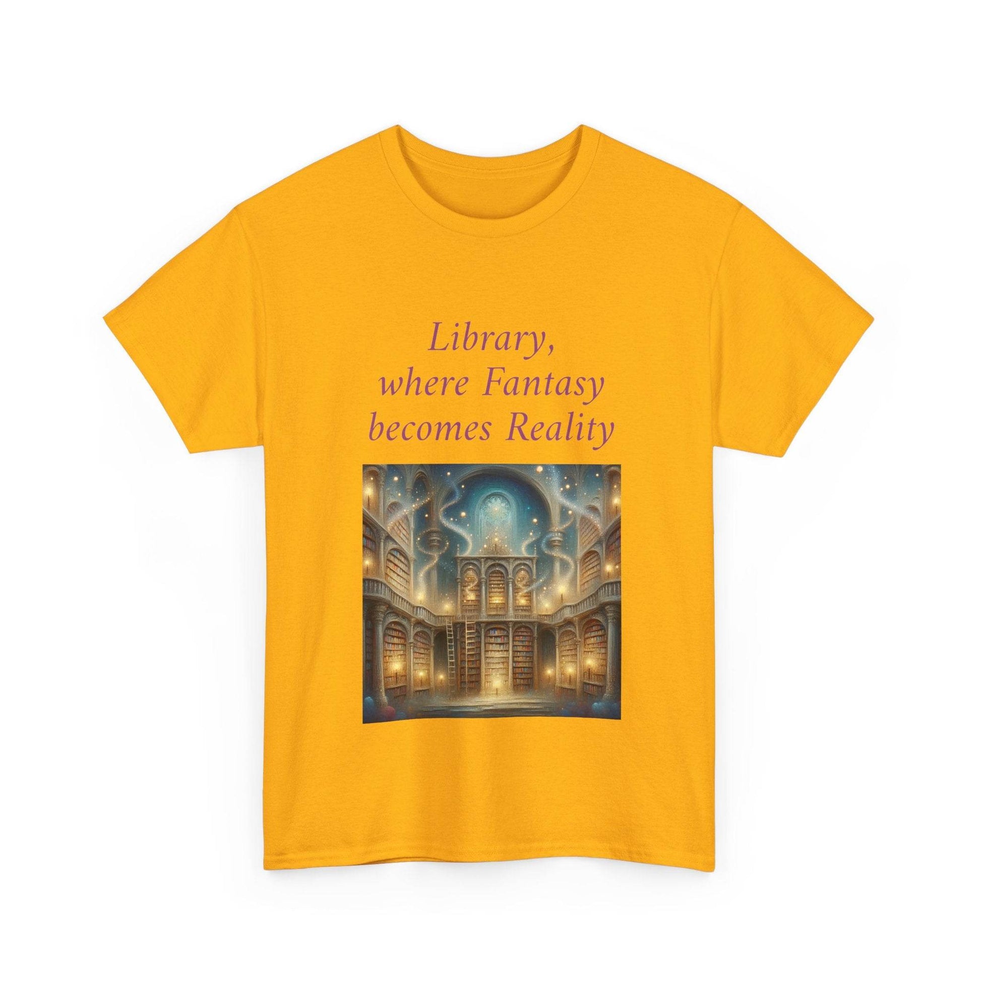 Library, Fantasy, Reality - Unisex Heavy Cotton Tee - Book Lovers - The Dreamer's Bookshop.
