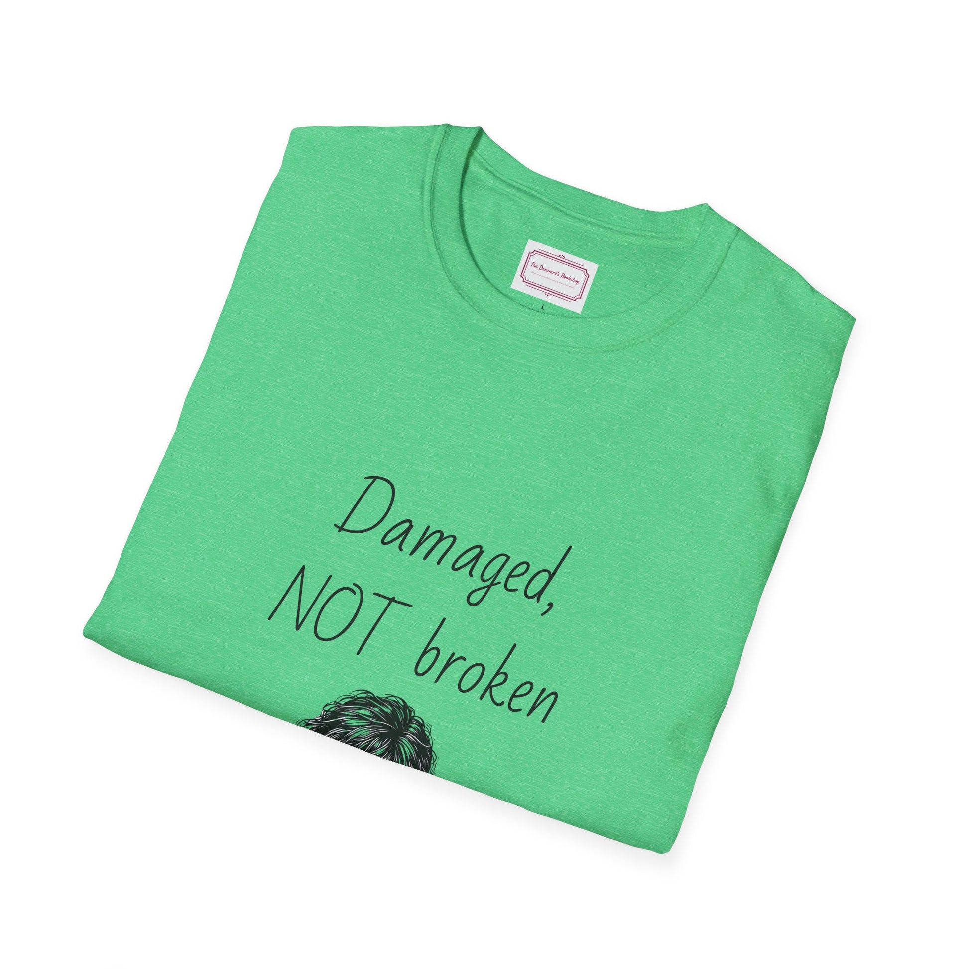 Inspirational Unisex Softstyle T-Shirt - "Damaged, NOT broken" - The Dreamer's Bookshop.