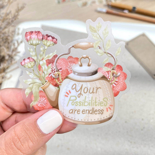 LETTOOn - Doorzichtige vinylsticker - Theepot met bloemen - The Dreamer's Bookshop.