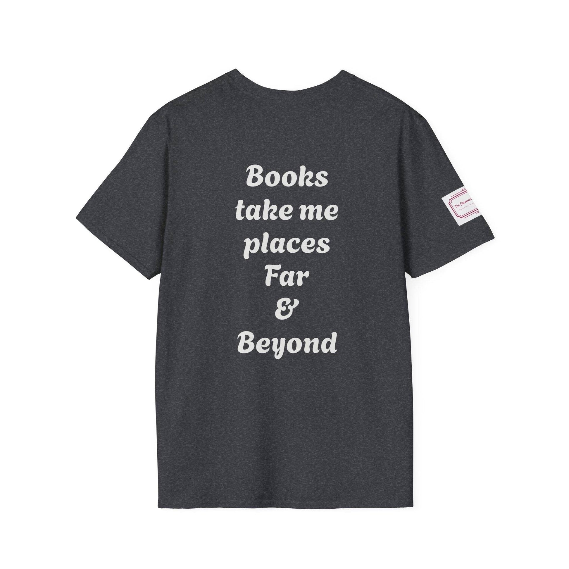 Unisex Softstyle T-Shirt - Traveller of Worlds Design for Book Lovers - The Dreamer's Bookshop.
