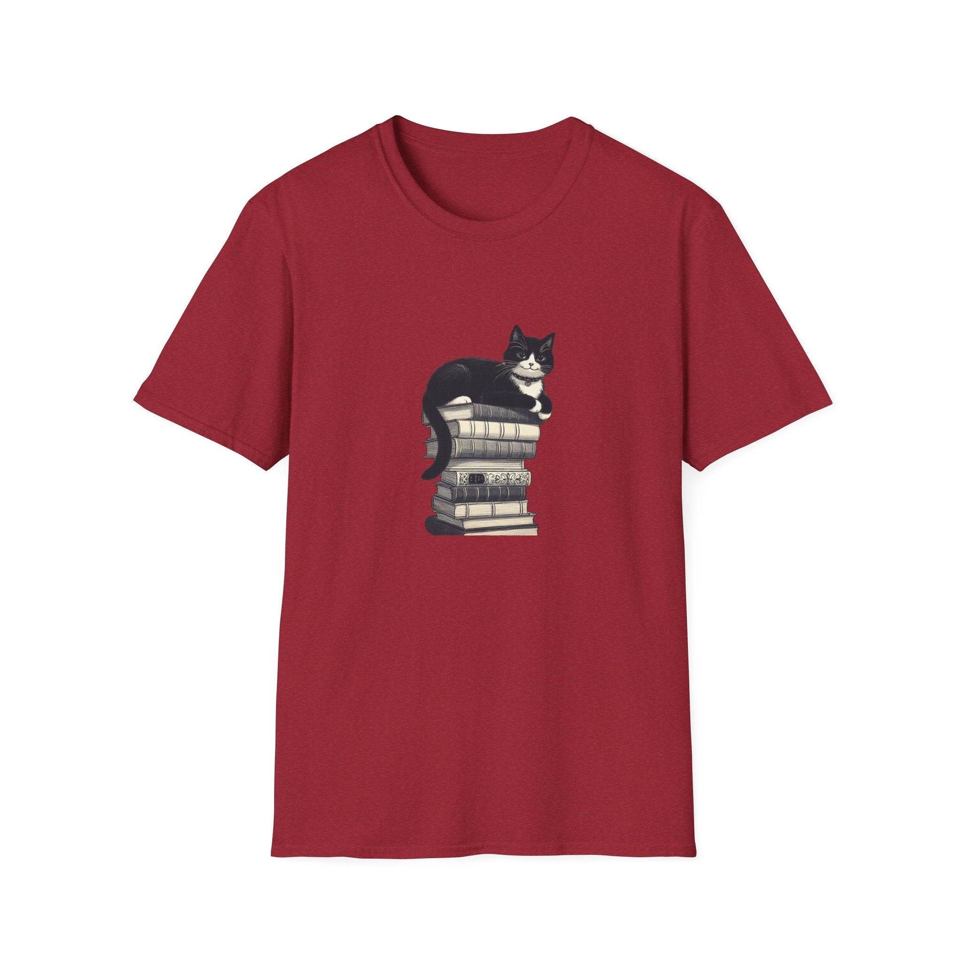 Unisex Softstyle T-Shirt - Vintage Cat Book Stack Booklover - The Dreamer's Bookshop.