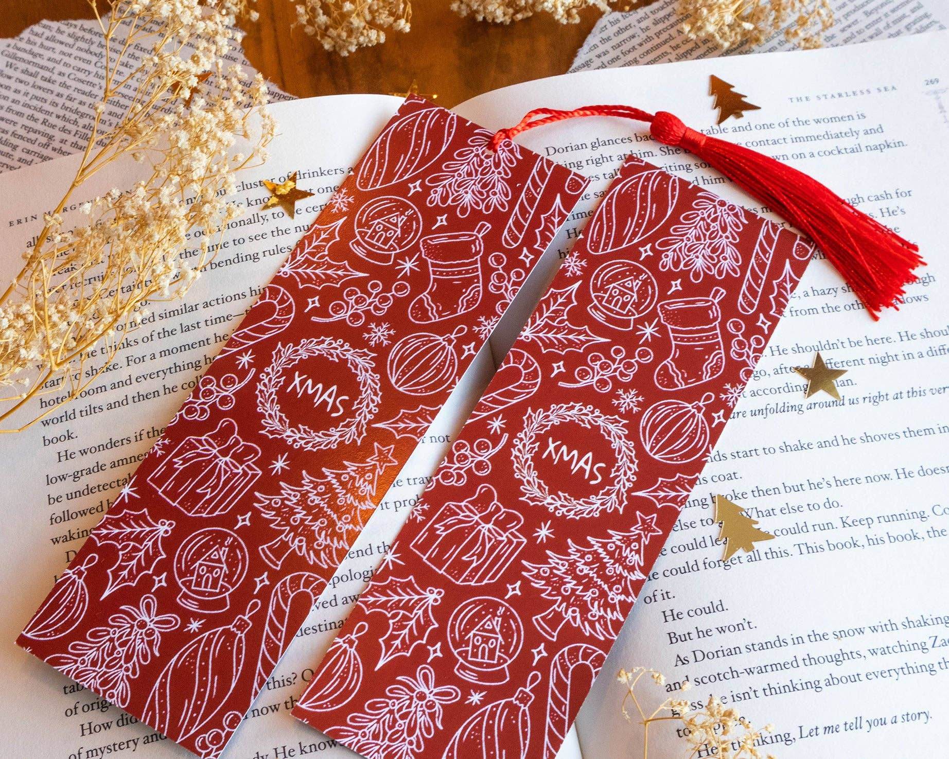 Basically Britt - Red Christmas Bookmark with Festive Holiday Doodles - The Dreamer's Bookshop.
