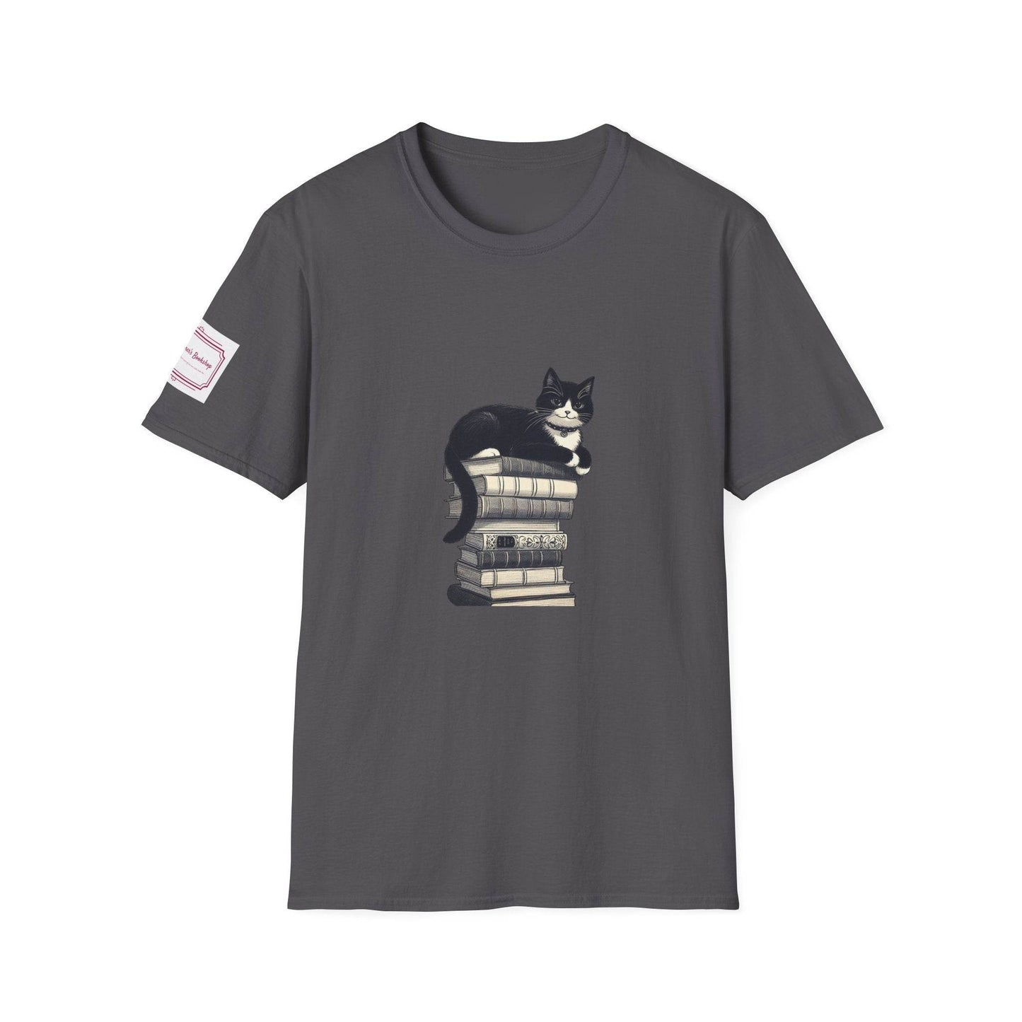 Unisex Softstyle T-Shirt - Vintage Cat Book Stack Bookaddict - The Dreamer's Bookshop.