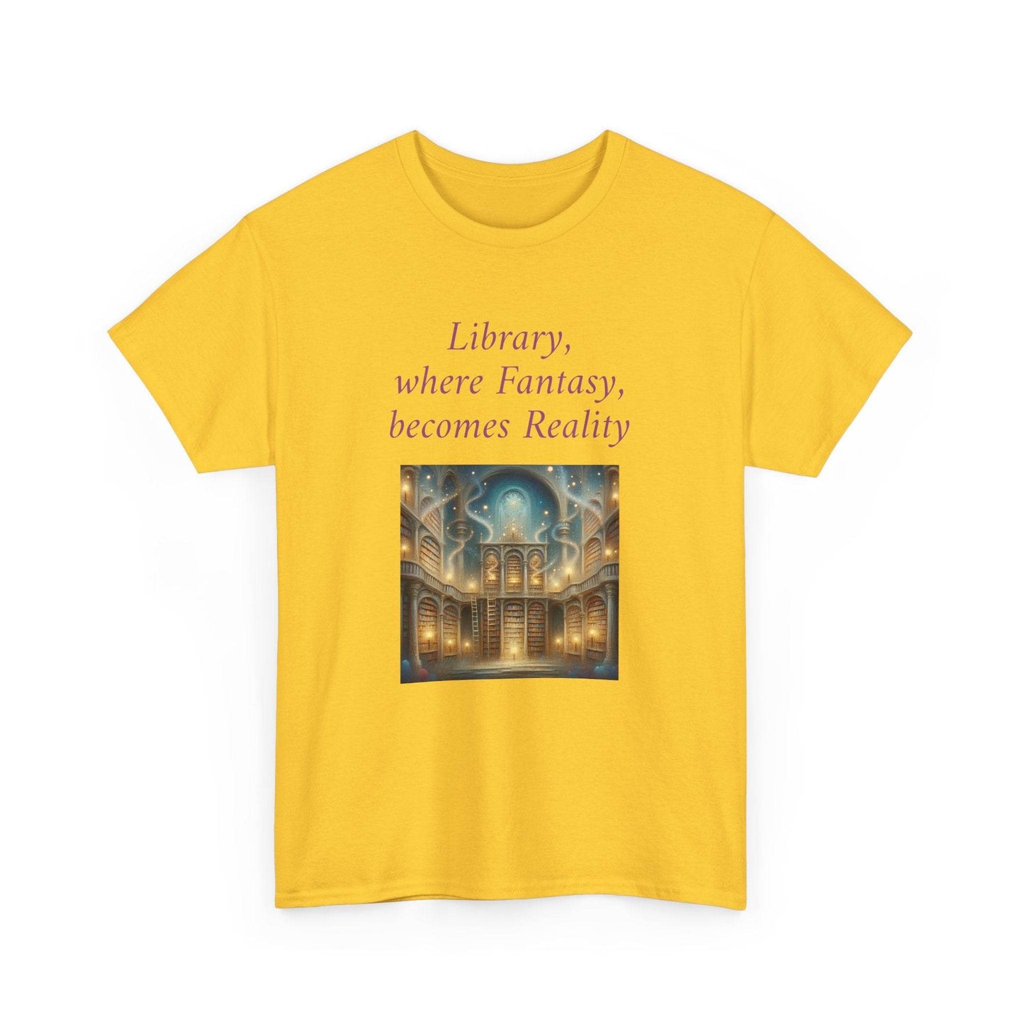 Library, Fantasy, Reality - Graphic Tee - Unisex Heavy Cotton T-Shirt - Book Lovers - The Dreamer's Bookshop.