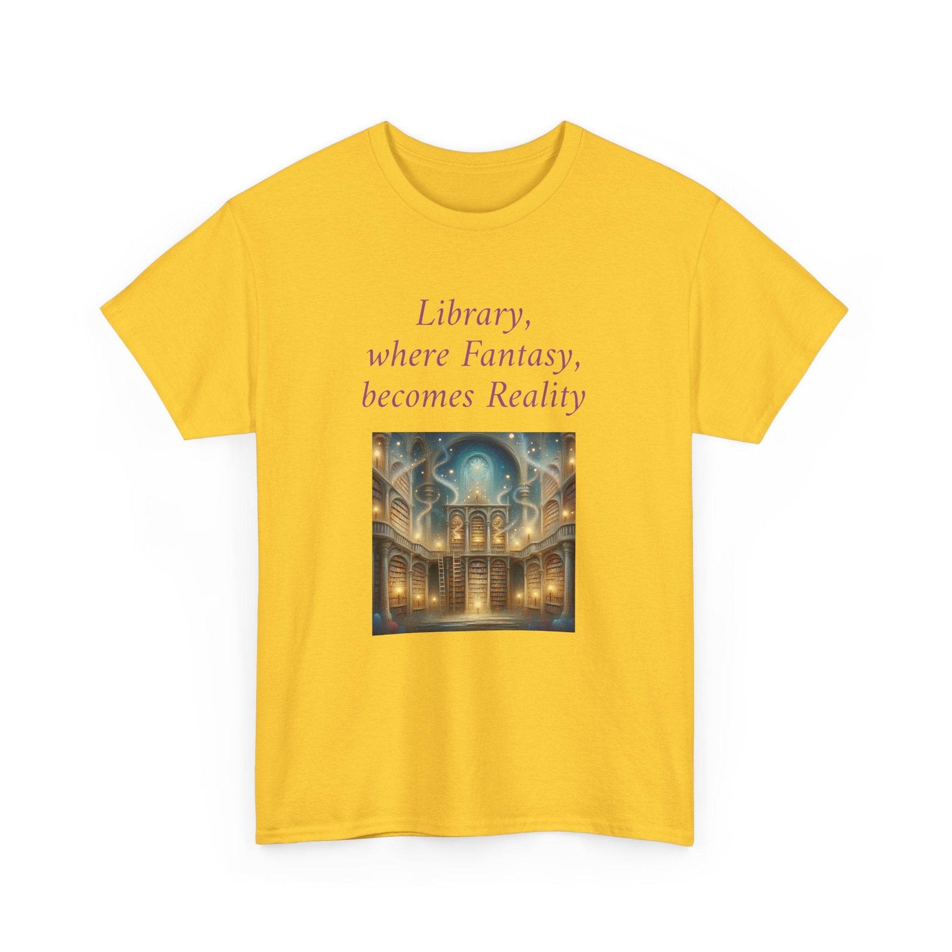 Library, Fantasy, Reality - Graphic Tee - Unisex Heavy Cotton T-Shirt - Book Lovers - The Dreamer's Bookshop.