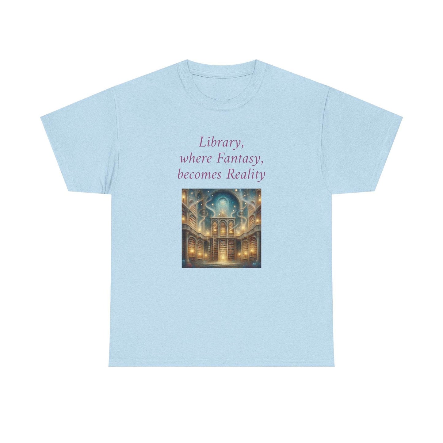 Library, Fantasy, Reality - Graphic Tee - Unisex Heavy Cotton T-Shirt - Book Lovers - The Dreamer's Bookshop.