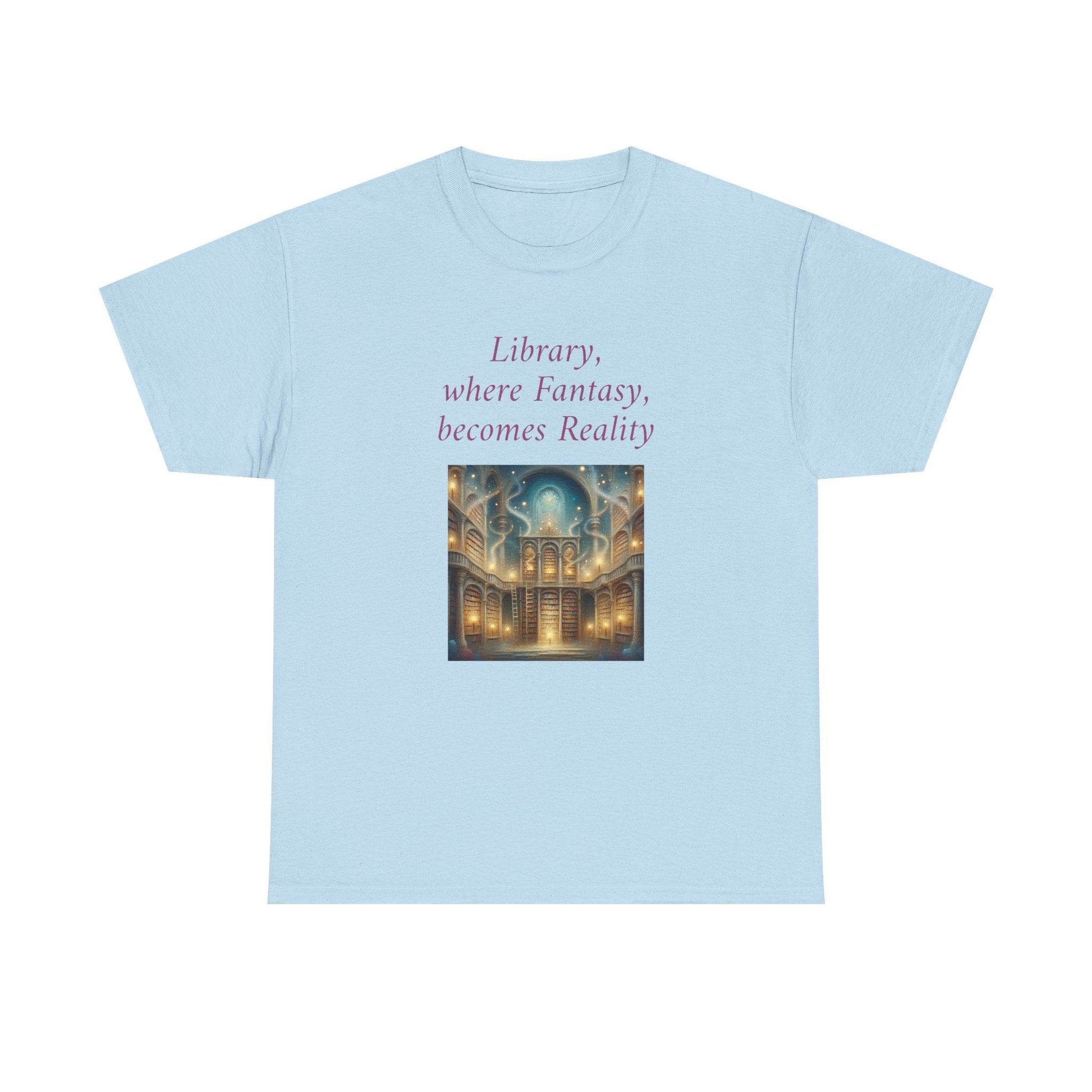 Library, Fantasy, Reality - Graphic Tee - Unisex Heavy Cotton T-Shirt - Book Lovers - The Dreamer's Bookshop.