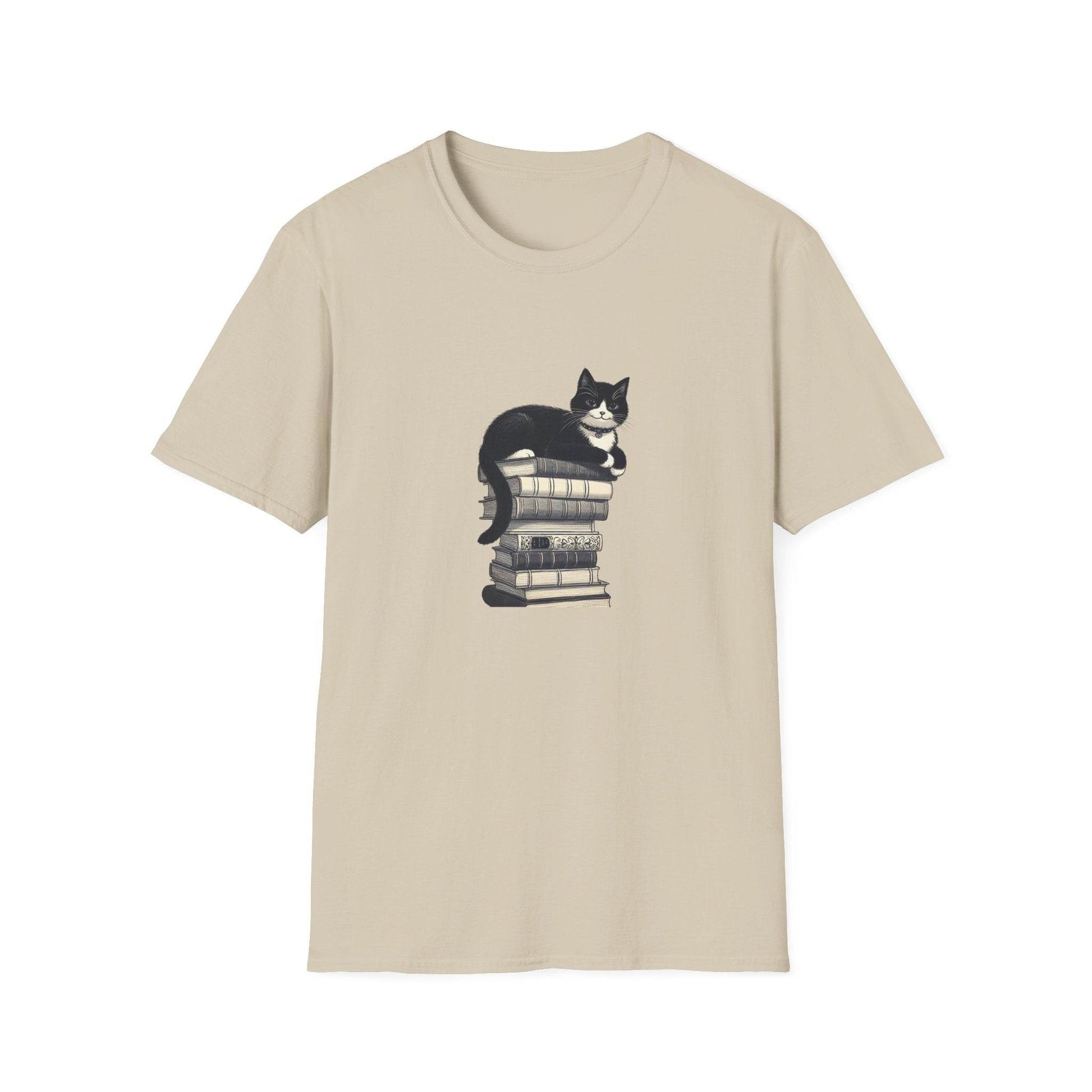 Unisex Softstyle T-Shirt - Vintage Cat Book Stack Booklover - The Dreamer's Bookshop.