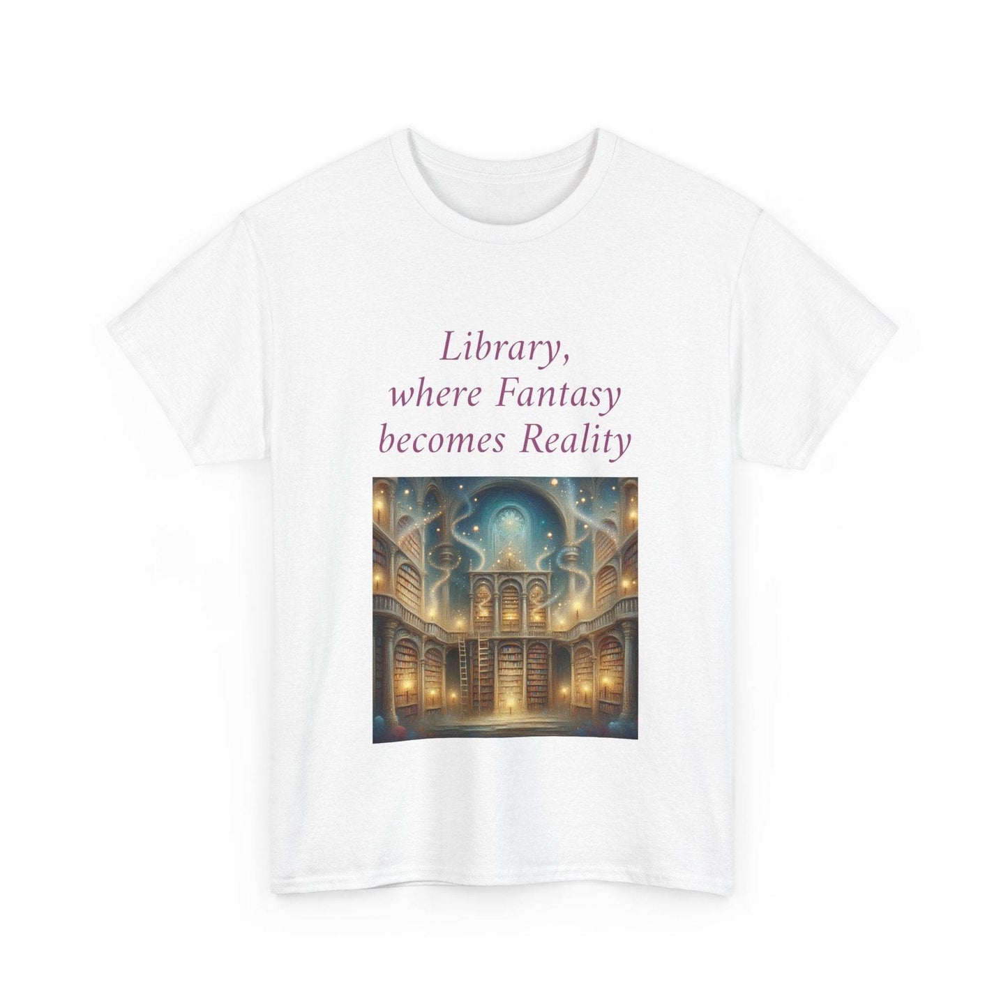 Library, Fantasy, Reality - Unisex Heavy Cotton Tee - Book Lovers - The Dreamer's Bookshop.