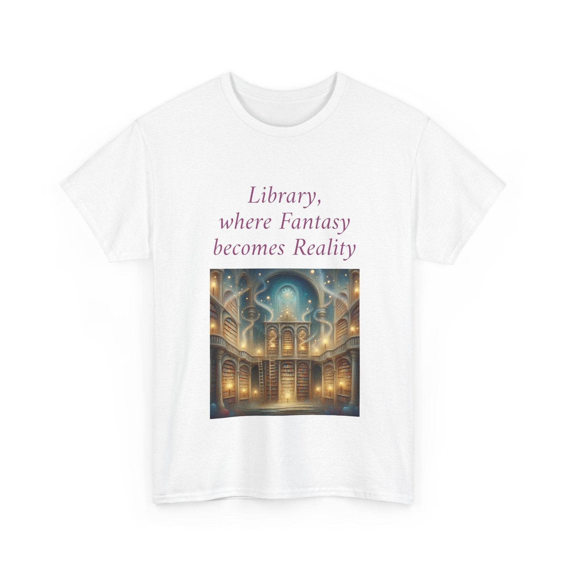 Library, Fantasy, Reality - Unisex Heavy Cotton Tee - Book Lovers - The Dreamer's Bookshop.