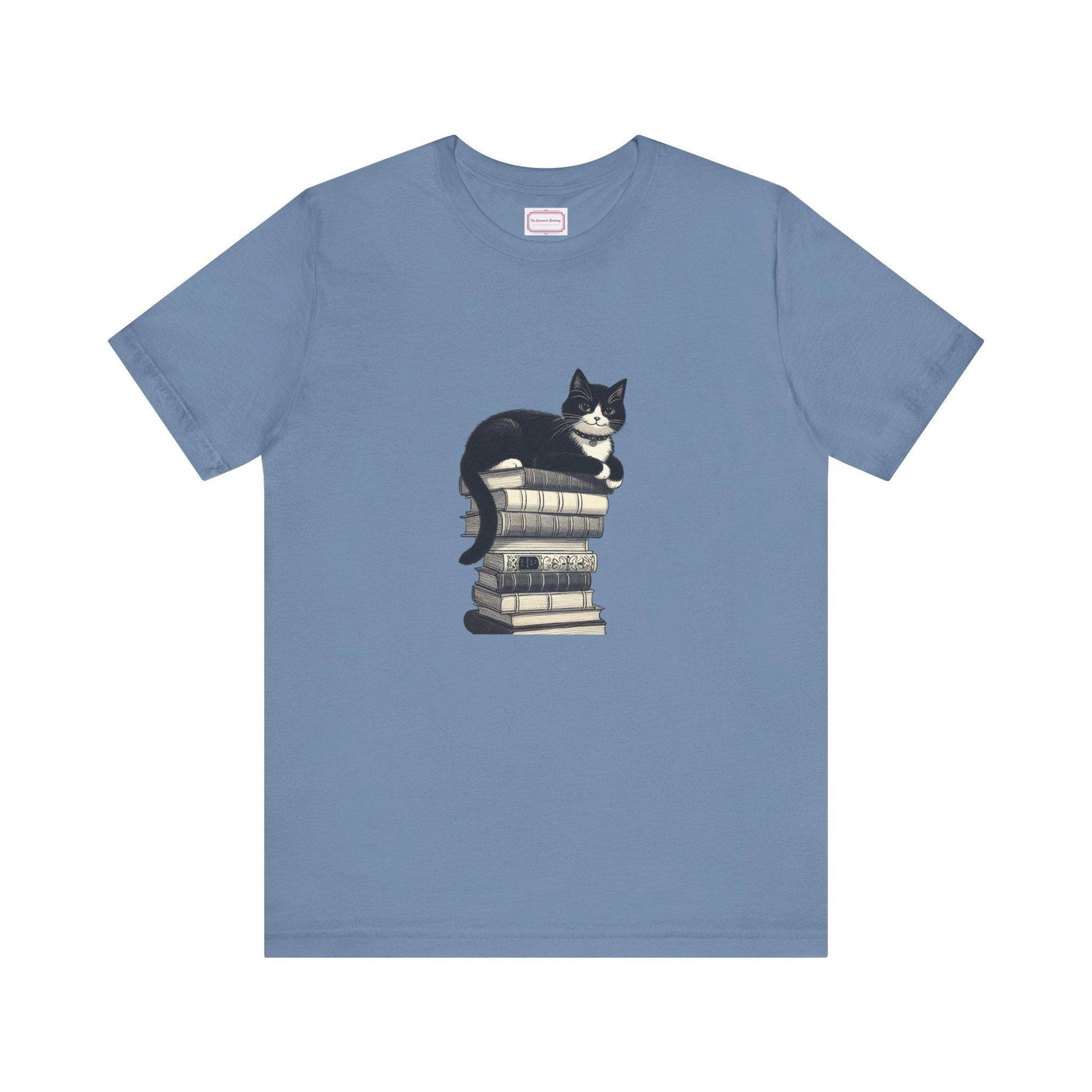 Unisex T-shirt - Vintage Cat Book Stack Booknerds - The Dreamer's Bookshop.