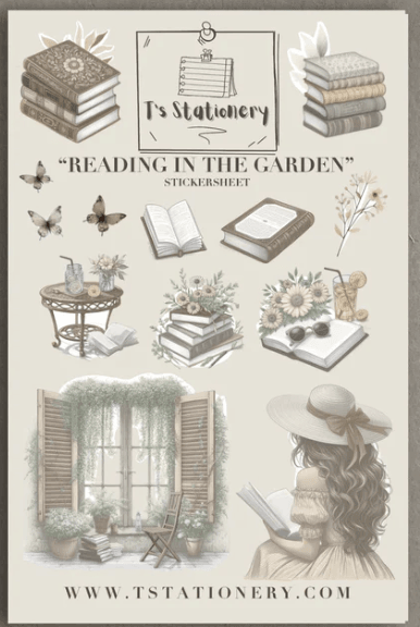 T's Stationery - Reading in the Garden - Sticker Sheet - The Dreamer's Bookshop.
