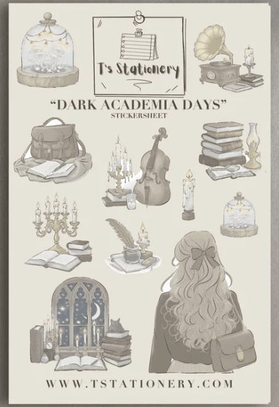 T's Stationery - Dark Academia Days - Sticker Sheet - The Dreamer's Bookshop.