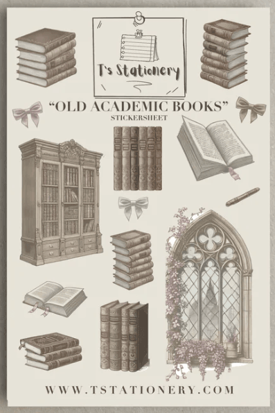 T's Stationery - Old Academic Books - Sticker Sheet - The Dreamer's Bookshop.