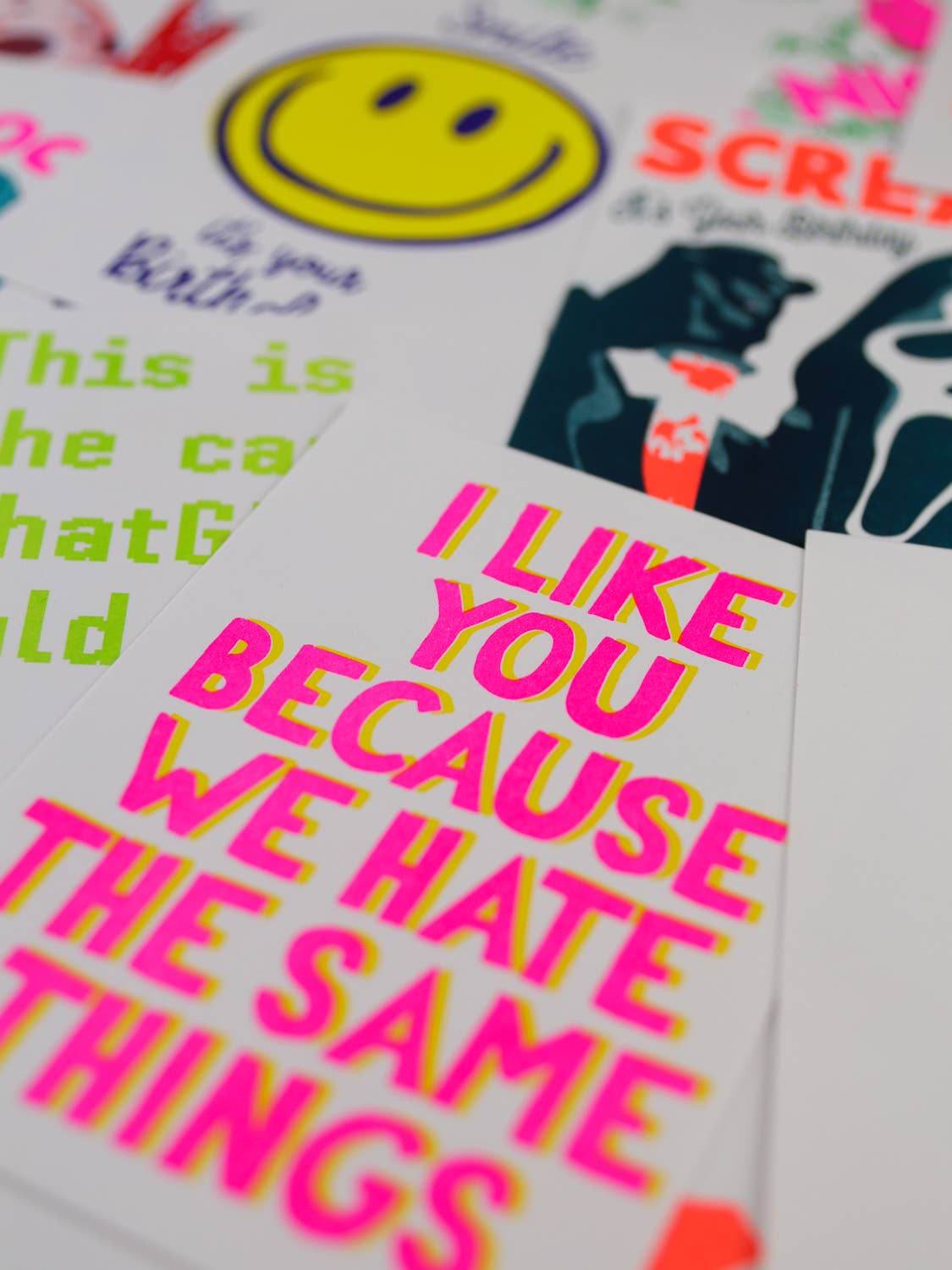 Studio Inktvis - Ik vind je leuk omdat we dezelfde dingen haten Riso Postcard - The Dreamer's Bookshop.