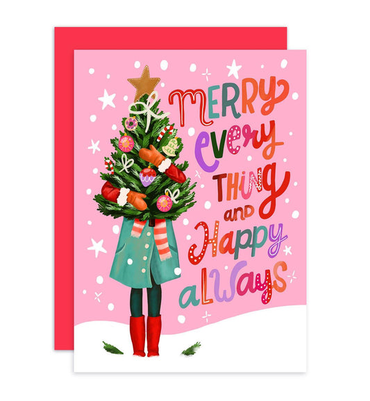 Aniet Illustration - Kerstkaart vrouw met kerstboom merry everything happy always - The Dreamer's Bookshop.